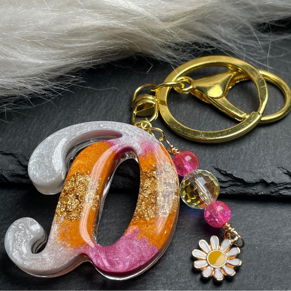 Custom Orange Cream and Pink Letter “D” Keychain with Daisy Charm - Picture 8 of 12